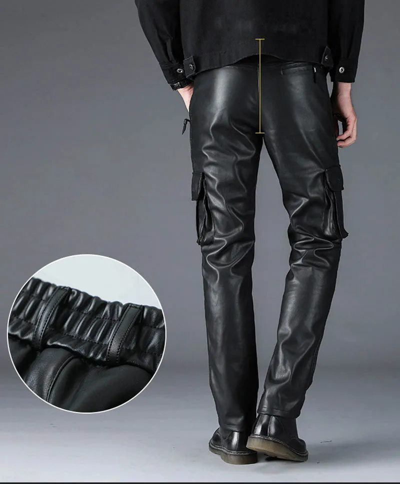 Men's Winter Warm Leather Pants With Multi Pockets Motorycle Pu Leather Trousers For Male Fleece Lined Size 29-40 Black (4)