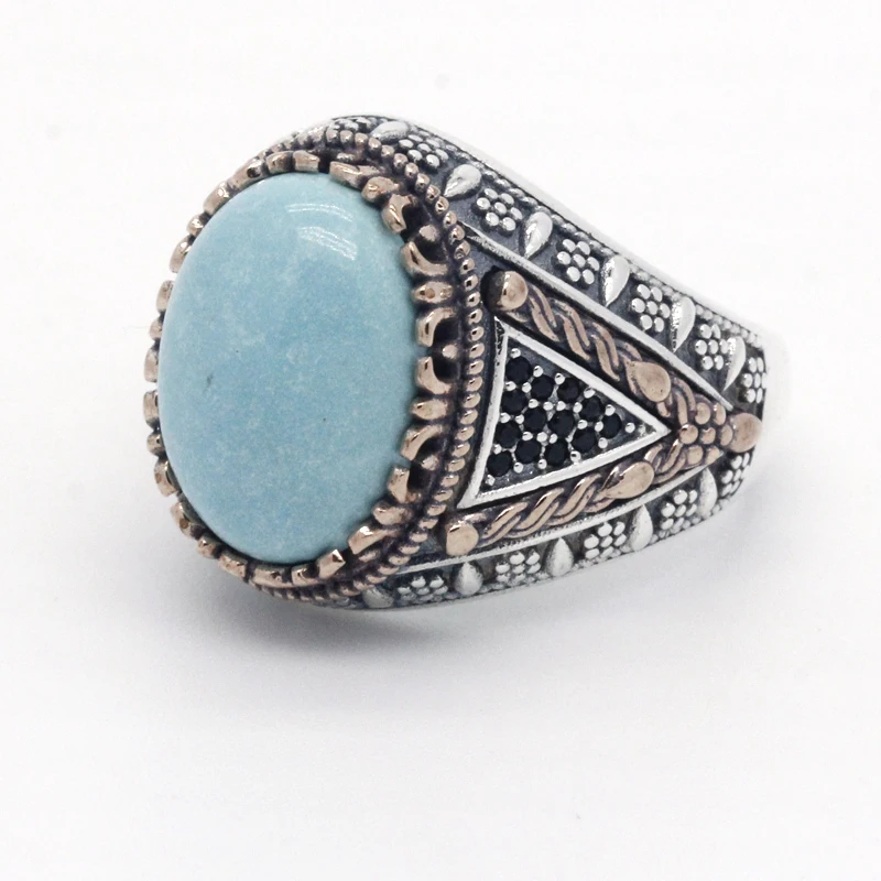 Vintage Turquoise Ring 925 Sterling Silver for Men Oval Natural Stone Retro Gorgeous Finger Male Women Turkey Jewelry | Украшения и