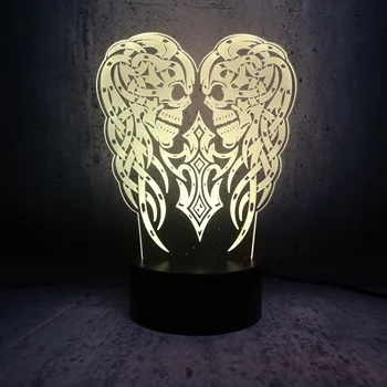 

3D USB LED Lamp two skulls take shape a evil love heart Boy Room Decor 7 Colors Change Night Light Visual Illusion Effect