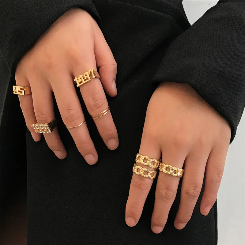 Bacolod 9pcs/set Gold Color Rings Set for Boys Girls Round Numbers Crystal Alloy Finger Ring Party 2020 Hiphop Rock Style | Украшения и