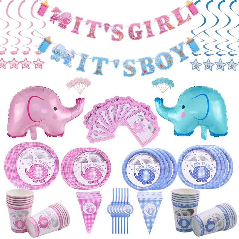 Baby Shower вечерние Декор Фольга воздушный шар в виде симпатичного слона, одноразовая посуда Бумага пластины чашки для мальчиков/девочек День рождения украшения