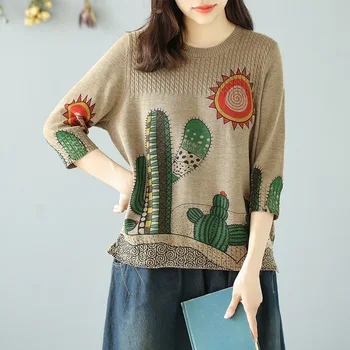 

Women Loose Large Size Cactus Printing Tees And Tops 2020 Spring Round Neck Pullover Calf-lenght Sleeve Cotton Sweater Z2