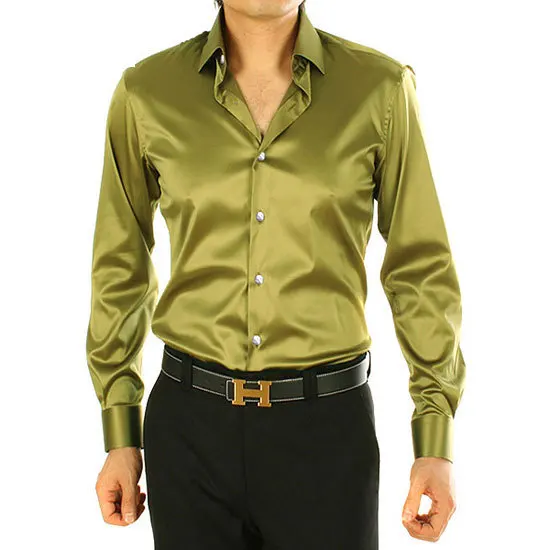 Весенний стиль, Высококачественная Модная шелковая атласная мягкая рубашка с длинными рукавами, мужская повседневная рубашка, блестящие вечерние рубашки 20 цветов - Цвет: Army green
