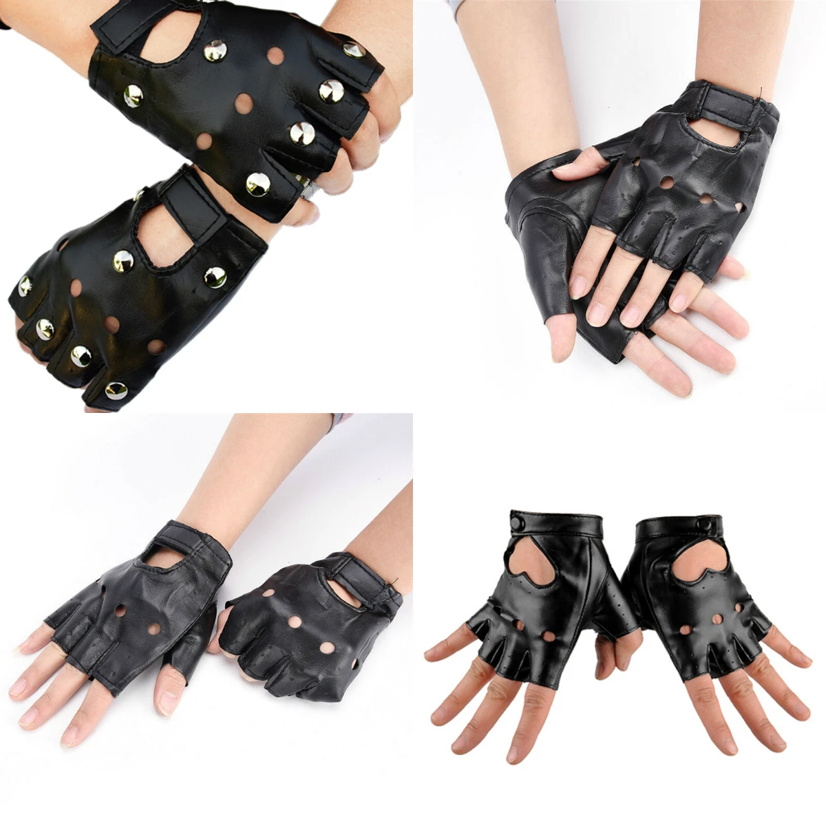 

1pair Women Fashion PU Leather Black Half Finger Gloves Cool Heart Hollow Fingerless Gloves Boy Gloves For Fitness