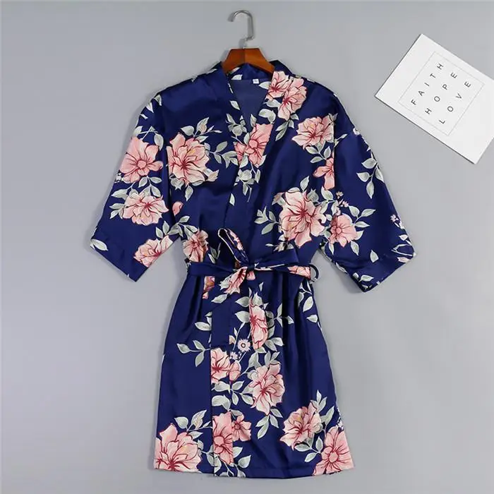 Robe Navy Blue Сексуальное женское атласное Короткое Кимоно, халат, ночная рубашка, халат с цветочным принтом, мягкий халат, Свадебный халат для невесты, халат для подружки невесты - Цвет: Robe Navy Blue