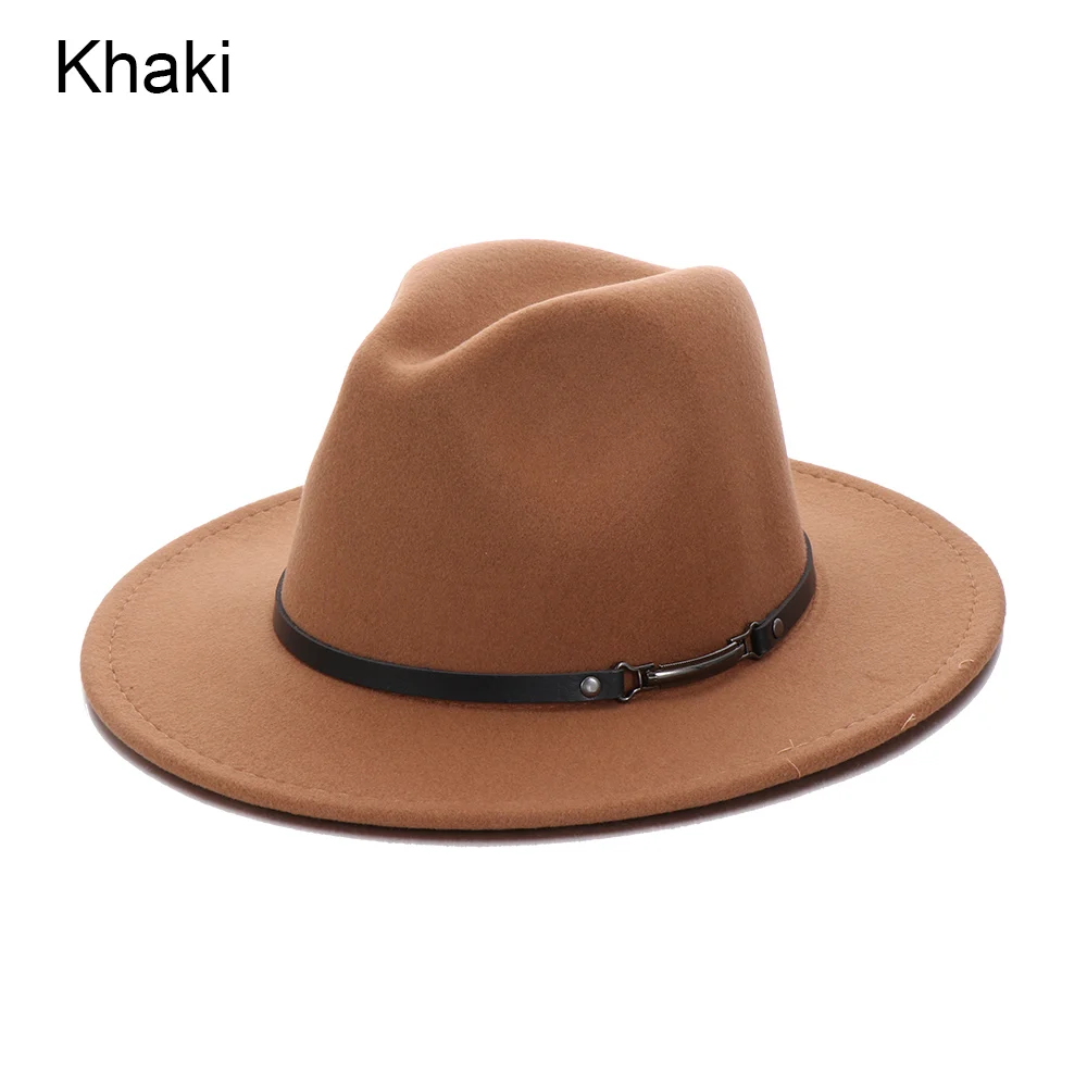 khaki 1 шт. осенне-зимние фетровые шляпы-фетры, шляпа с широкими полями, ковбойская шляпа с пряжкой на ремне, Панама для мужчин и женщин, модная винтажная джазовая шляпа - Цвет: khaki