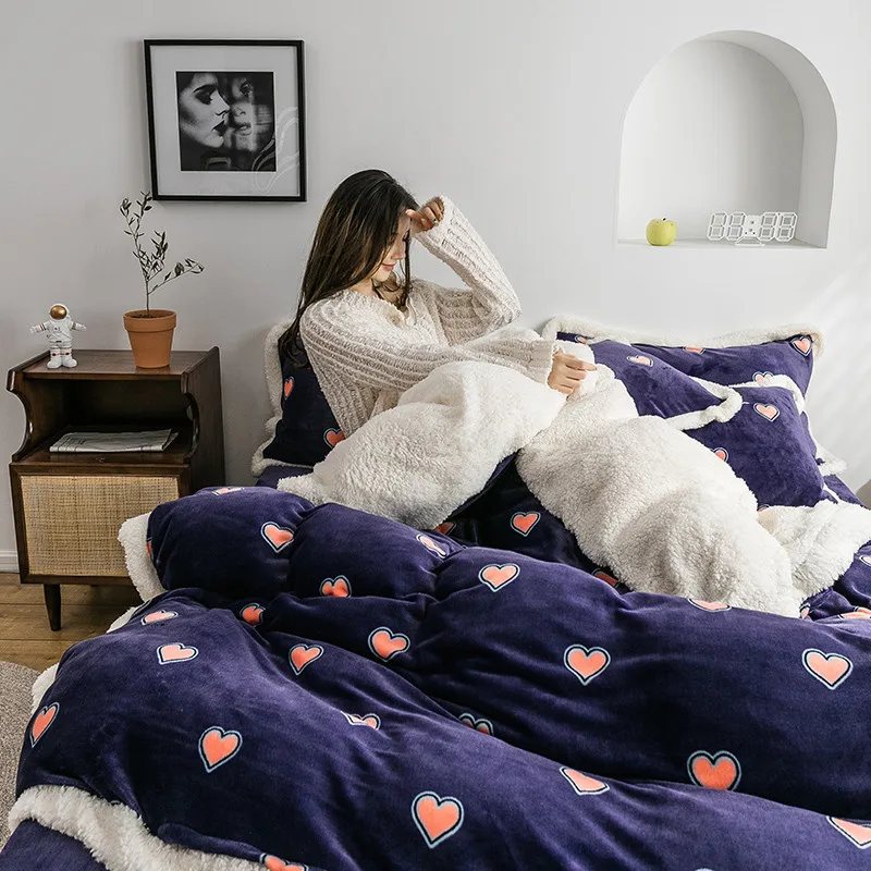 darkblue heart Зимний фланелевый флисовый комплект постельного белья, 4 шт., плоский лист, пододеяльник, набор, кашемир, Маргаритка, постельное белье AB, постельное белье, пасторальный Комплект постельного белья - Цвет: darkblue heart