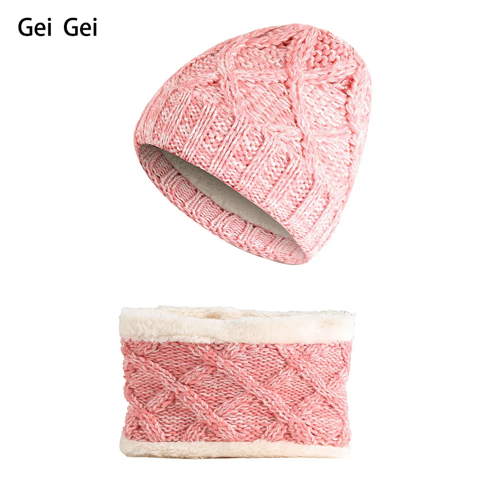 Children's Winter Thickening Velvet Mixed Color Hat Scarf Sets Of Solid Cute Warm Wool Knitted Beanie Cap Boys Girls | Аксессуары