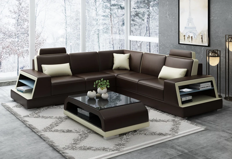 Современный коричневый кожаный l-образный дизайн дивана