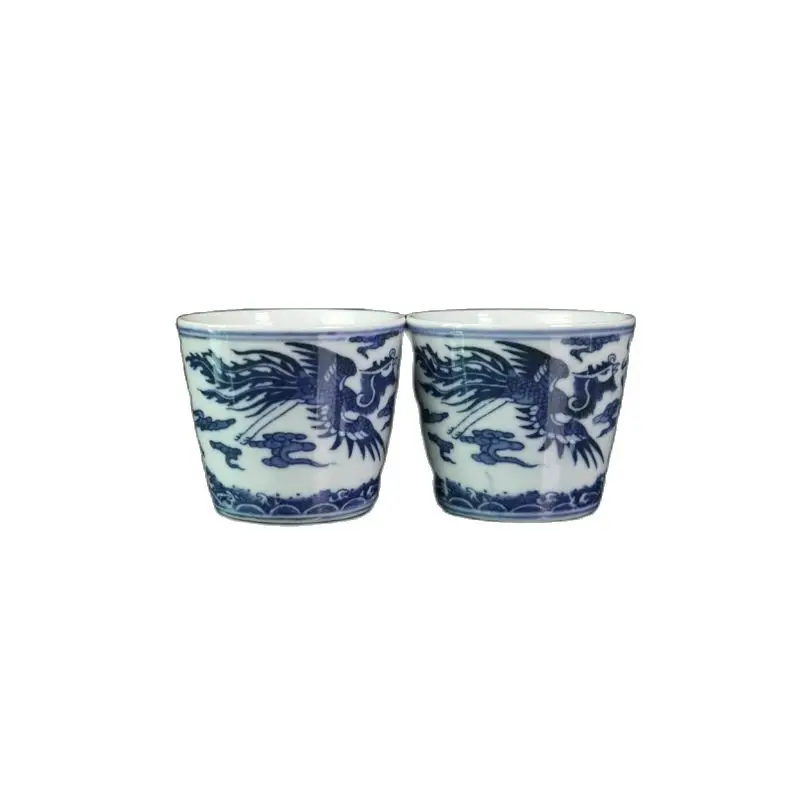 

Chinese Old Porcelain Pair of Blue and White, Double Phoenix Pattern Cups