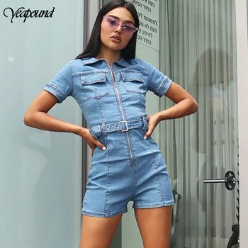 

Zipper Up Denim Rompers Women Short Sexy Bodycon Autumn Streetwear Jeans Playsuit Female Fashion Party Club Overall