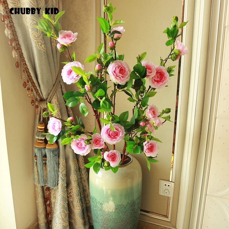 Commercio All'Ingrosso! Hi-Q 117Cm Stelo Lungo Multi-Teste Artificiale Camelia Fiore Falso Camelia Matrimonio Decorativo Seta Tè Fiore 12 Pz/Lotto