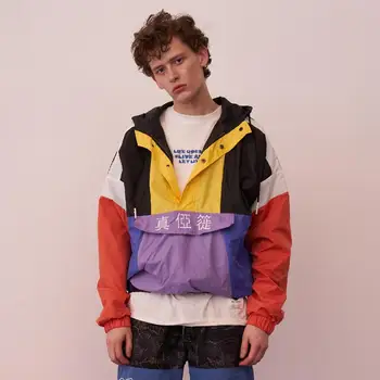 

Vintage Color Block Embroidered Pullover Hooded Jackets 2018 Spring Autumn Button Windbreaker Hoodies Jacket Streetwear