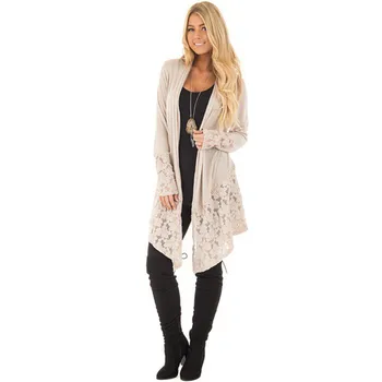 

2019 Autumn Elegant Womens Cardigan Long Sleeve Lace Mash Sheer Knitted Cardigan Solid Color Long Outwear Coat Jacket Plus Size