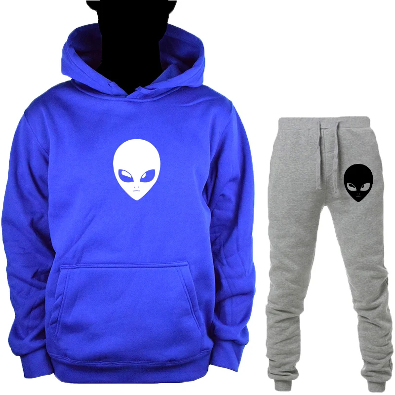 Blue-B-HuiK Alien толстовка с капюшоном+ брюки костюм для мужчин женщин осень зима пуловер Толстовка Топы с принтом по всему миру спортивный костюм повседневная одежда - Цвет: Blue-B-HuiK