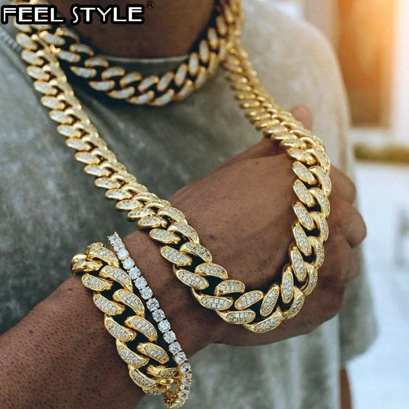 Cadena cubana diamantes imitación para hombre, de longitud, chapado en oro, con incrustaciones de circonia cúbica, joyería de Hip Hop - AliExpress