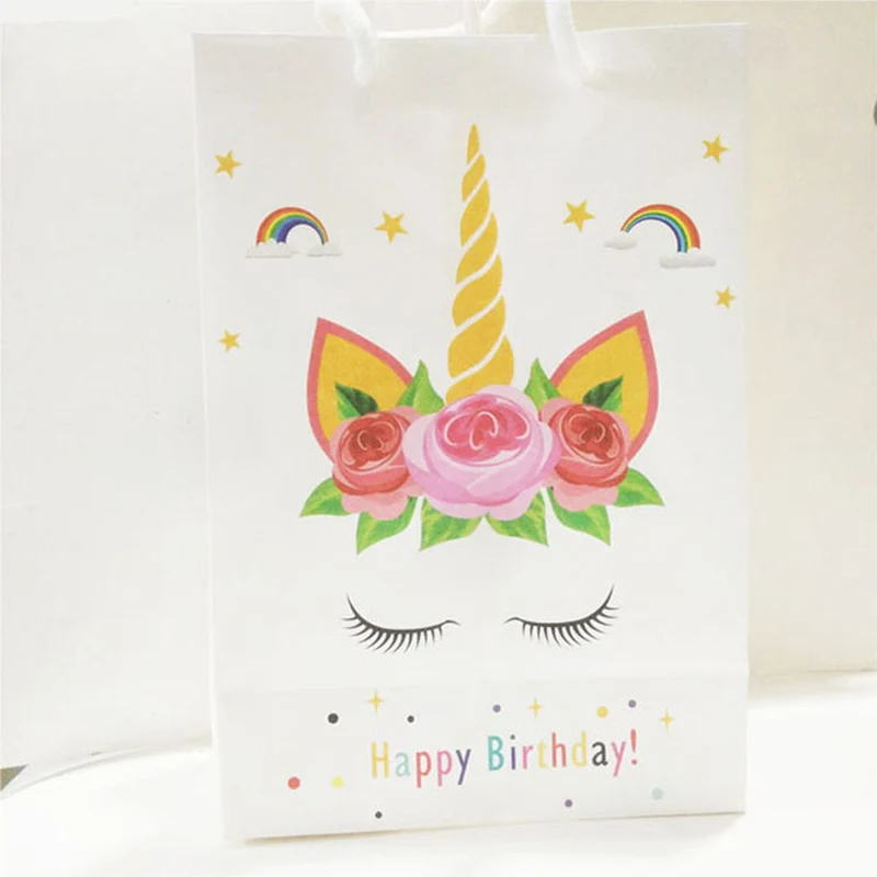 

10pcs Cute Unicorn Paper Bags With Handles Happy Birthday Gift Bags White Paper Bag For Unicorn Party Wedding Decoration