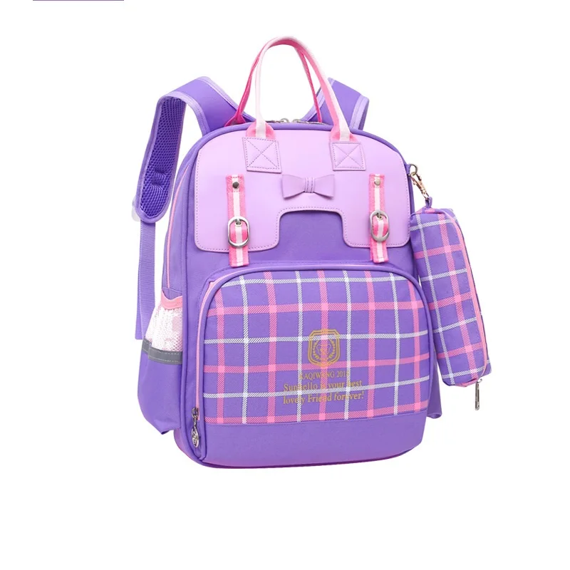 purple Нейлоновые клетчатые детские школьные сумки с бантом для принцессы; детские дорожные рюкзаки; mochilas infantils escolars bolso для учениц и девочек - Цвет: purple