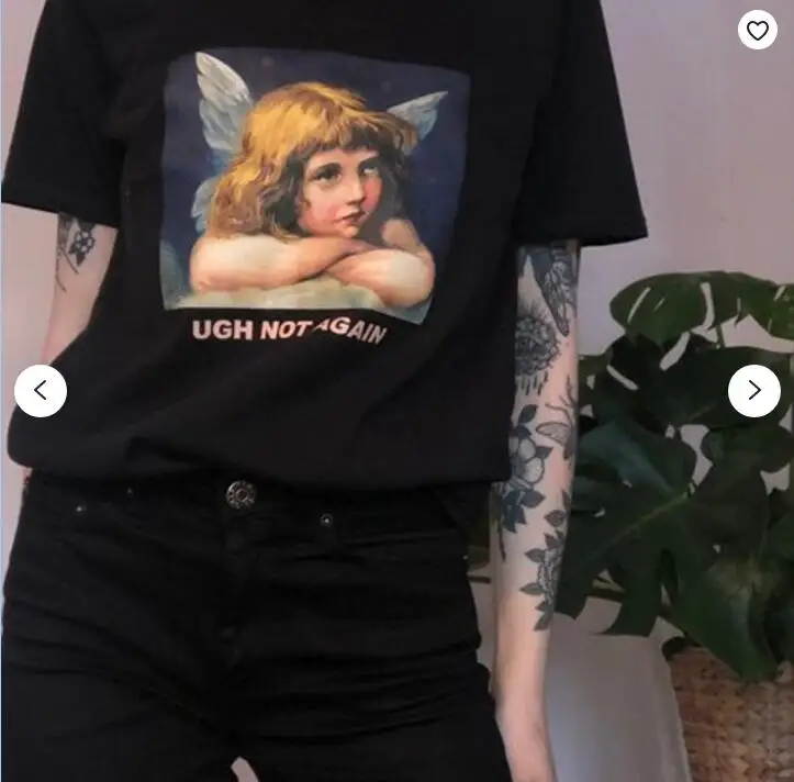UGH Not Again Kawaii Angel Unisex Tshirt Black Cotton Tees Plus Size Loose Graphic Top Harajuku Tumblr Short Sleeve Women |