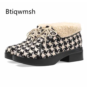 

2019 Newest Snow Boots Women Round Toe Lattice Rivet 5CM High Heel Boots Woman Fashion Warm Ankle Boots Winter