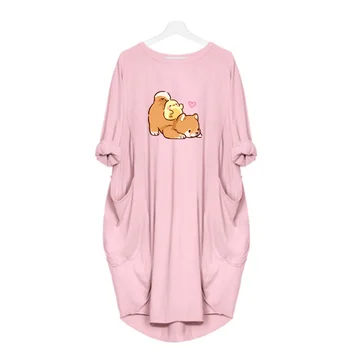 

2020 Dress Women Cute Dog Printing Oversize 5XL Loose Long Sleeve Vintage Fall Clothes Party Club Casual Women Pocket Dresses