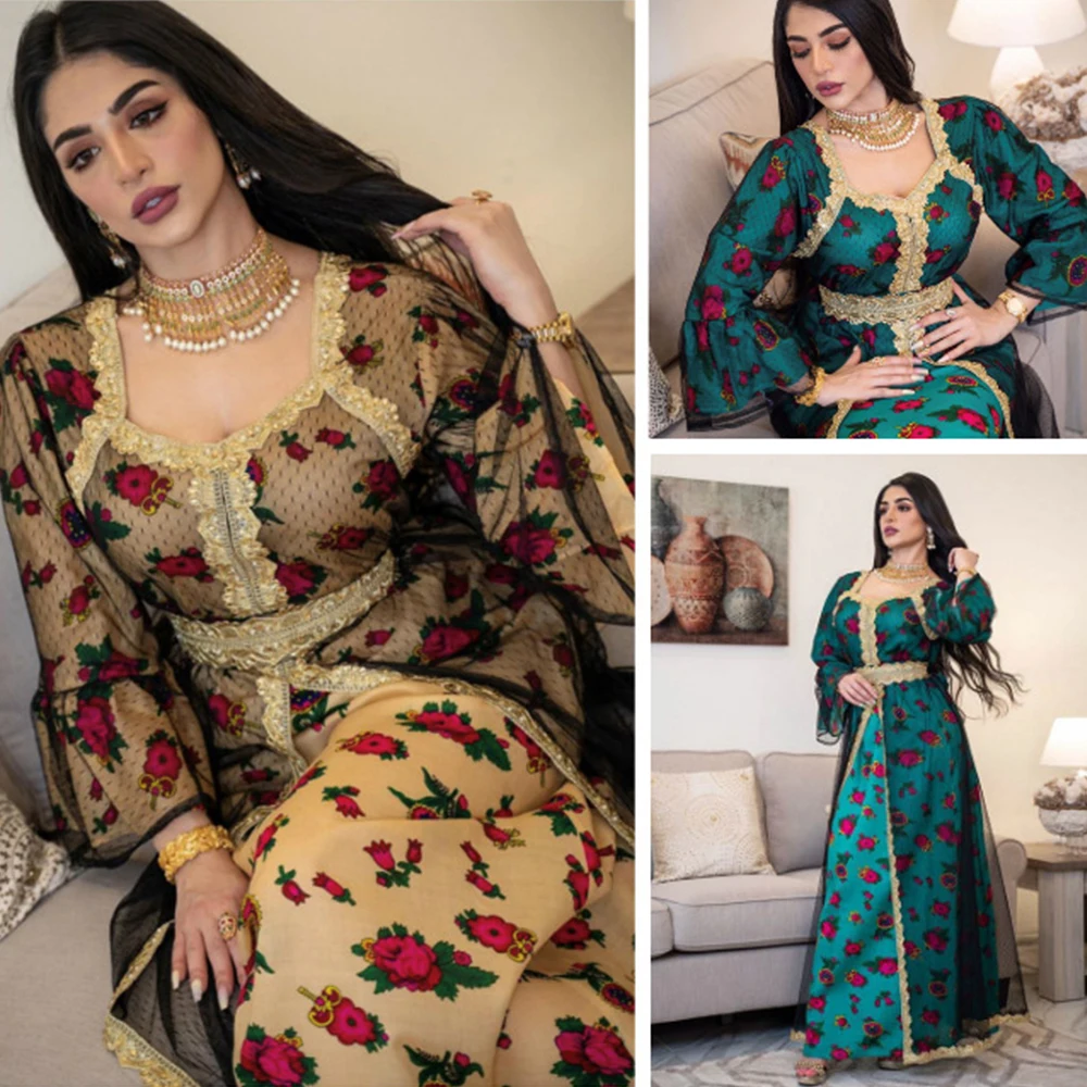 Вышивка Jalabiya сетки индийское платье мусульманское Abaya Eid Мубарак Дубай Турецкий
