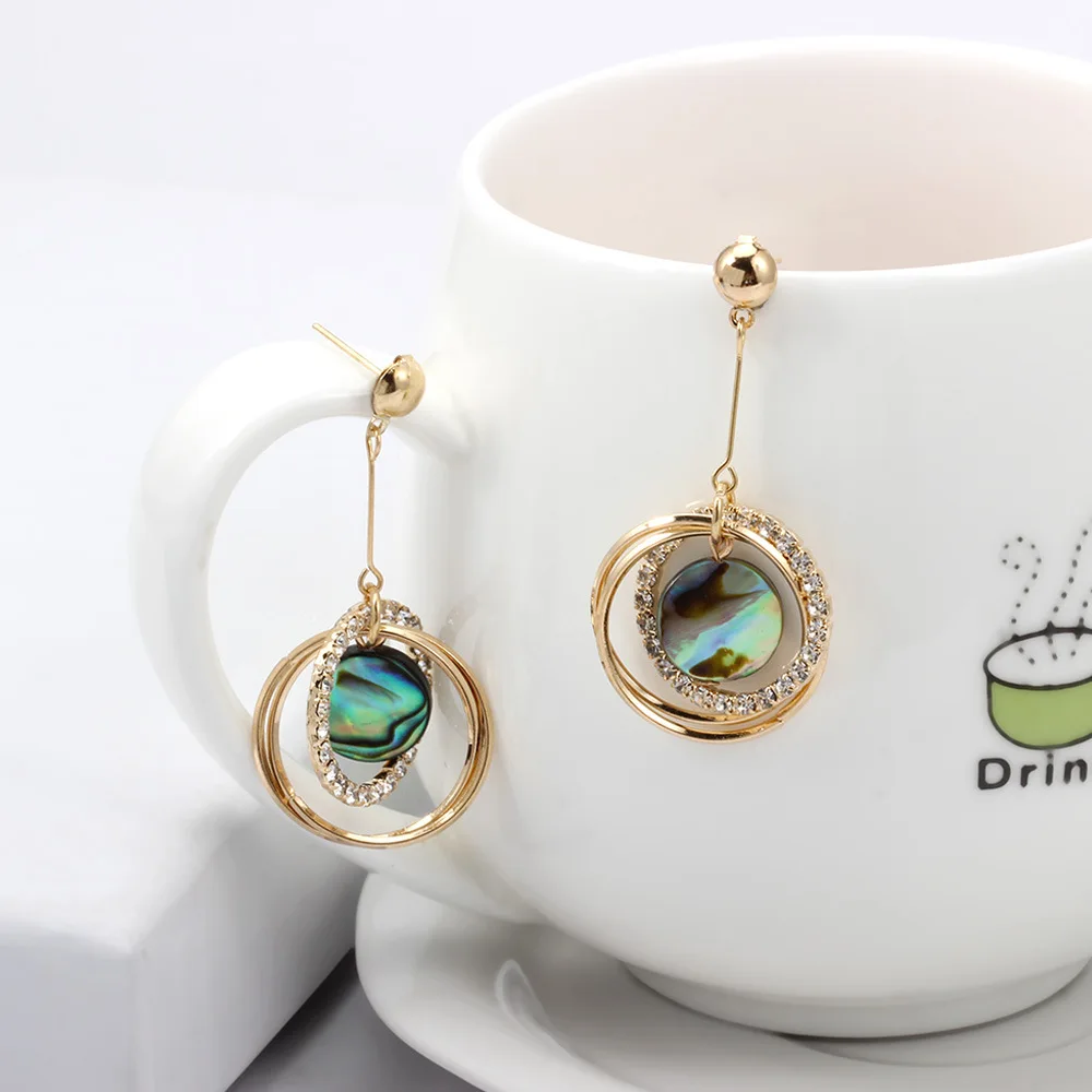 Fashion Color Abalone Shell Earring Double Circle Zircon Crystal Long Drop Geometric color Gold Bohemia Jewelry | Украшения и