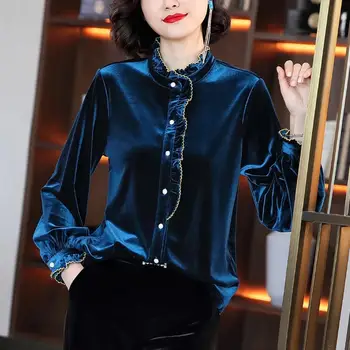 

Women's shirt 2020 autumn and winter new women's design solid color shirt retro stand collar long sleeve loose shirt