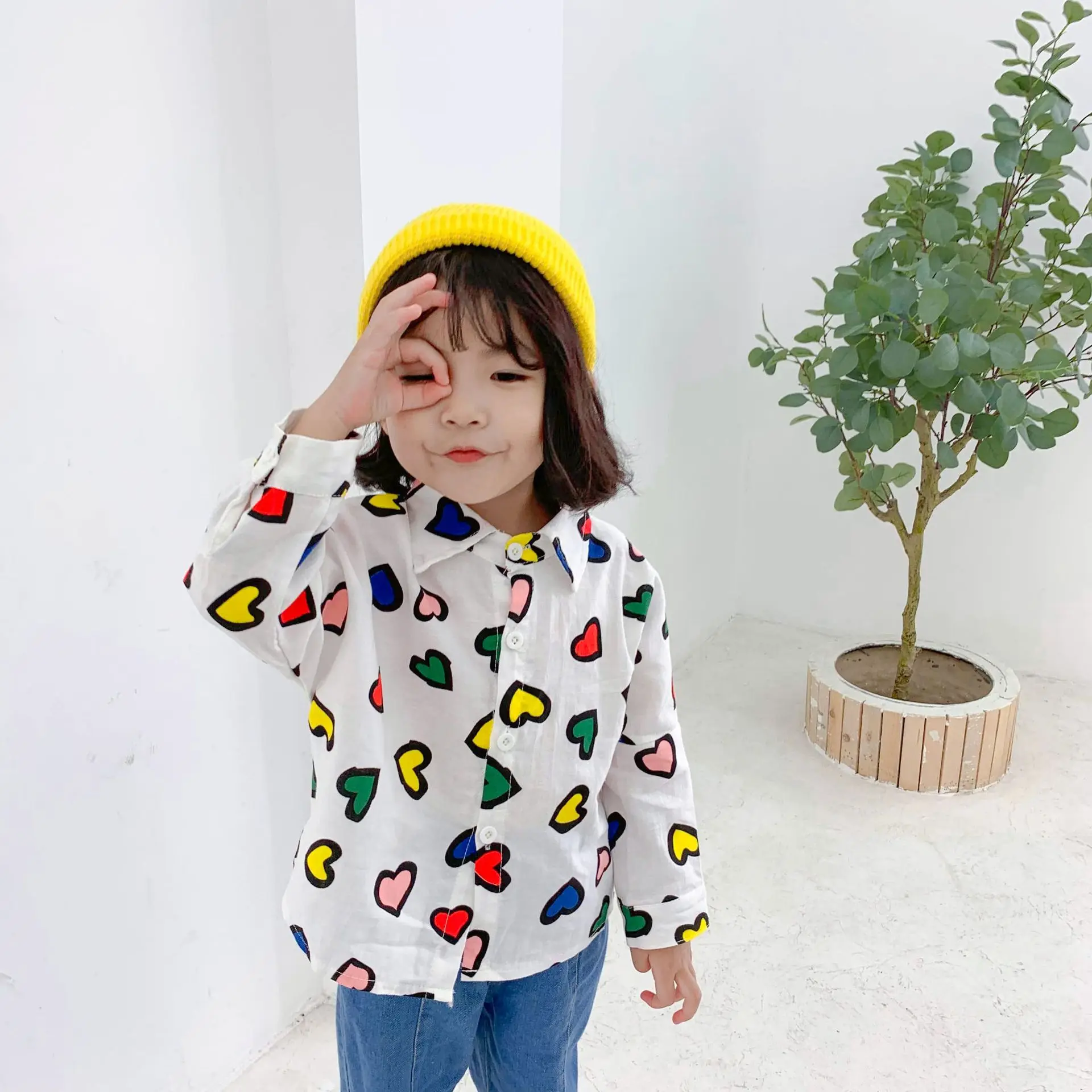 Children Childrenswear Korean-style Men And Women Child Spring And Autumn Colour Printing Heart Fold-down Collar Shirt Hem Arc B