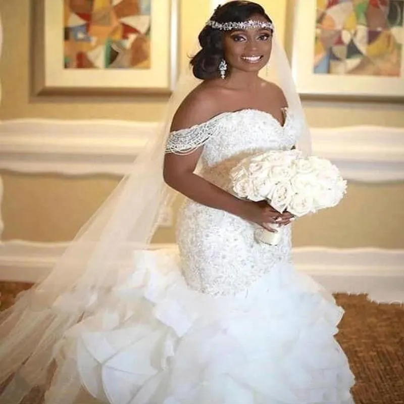 

Luxury Elegant African Mermaid Wedding Dresses 2019 Ruffles Off The Shoulder Pearls Lace up Back Bridal Gowns wedding gowns