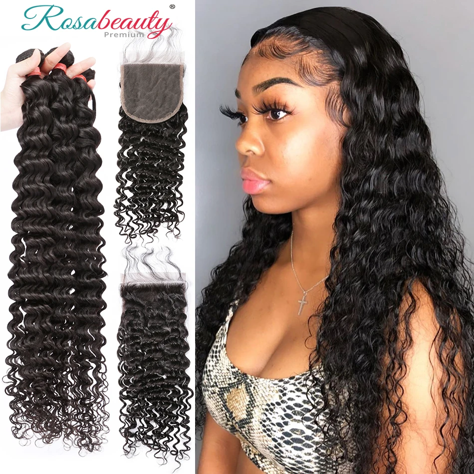 

Rosabeauty Deep Wave Peruvian Human Hair Bundles Remy Hair Extension 3 Bundles With 4x4 Frontal Closure 30in Curly wave bundles