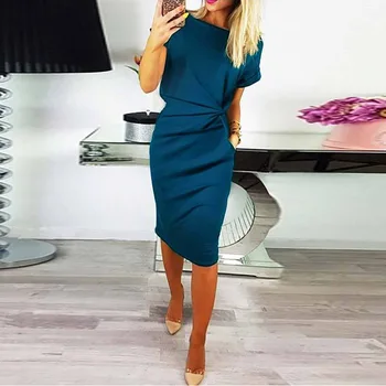 

Women's Dress 2020 Hot Sell Jersey Dress Spring Summer Short Sleeve Crew Neck Mid-length Waist Knot Dress Elegant Dress