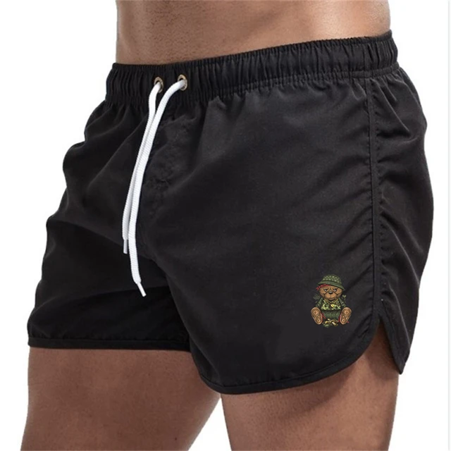 Summer Men's Swimwear Bear Printed Shorts Brand Beachwear Sexy Swim Trunks Men Swimsuit Low Waist Breathable Beach Surfing Black