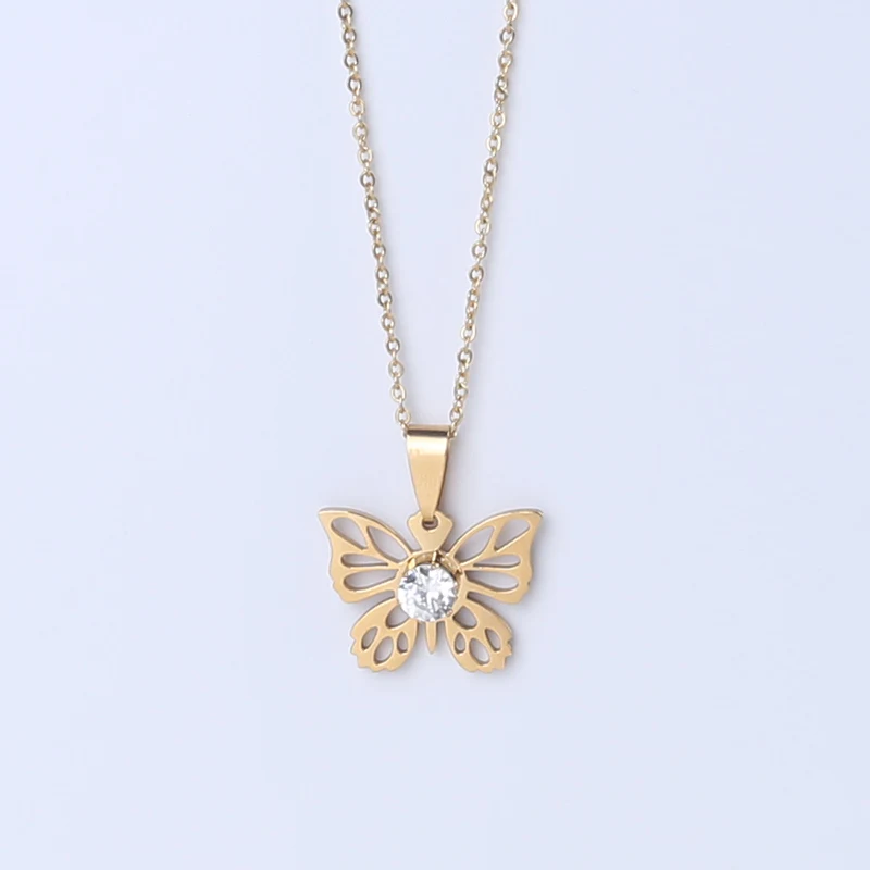 butterfly 3 Модные роскошные золотые ожерелья из нержавеющей стали 316l для женщин, искусственные драгоценные камни, цепочка в форме сердца, подвеска, ювелирные аксессуары, подарок для пар - Окраска металла: butterfly 3
