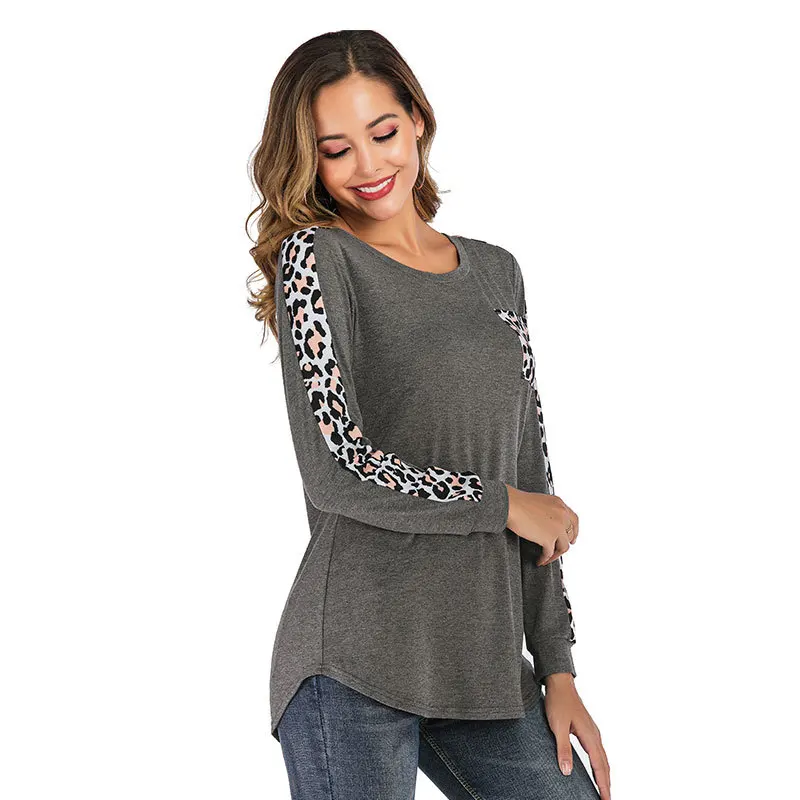 

2019 autumn and winter New style long-sleeve leopord pattern panel Top with pockets o neck crew neck pullover T-shirt Amazon Eur