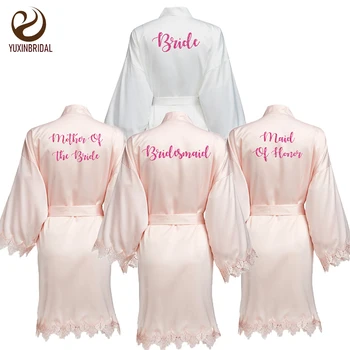 

YUXINBRIDAL Blush New Matt Satin Lace Robe with Trim Gown Bridal Wedding Bride Robes Bridesmaid Kimono Robe Bridal Robes
