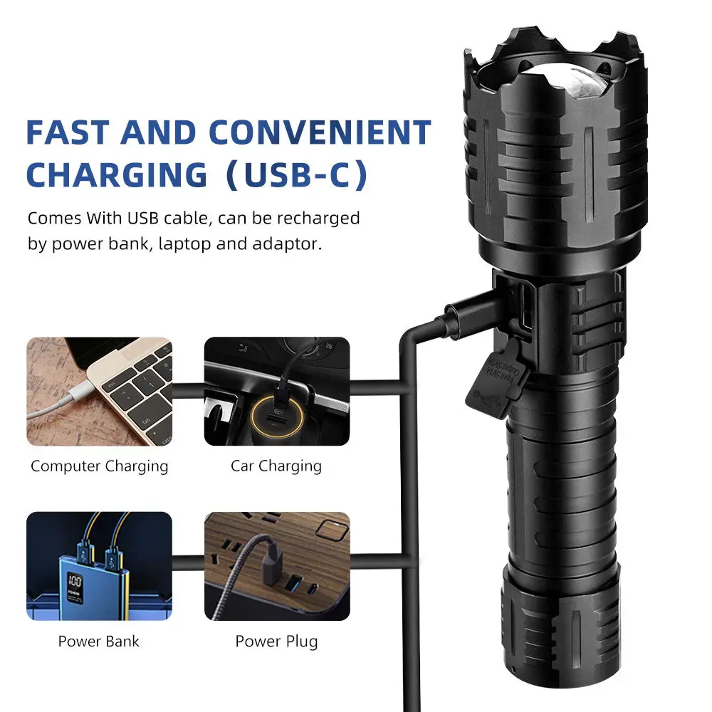 GEKIRO Rechargeable Zoom Flashlight - 900,000 Lumens, XHP160 LED, 5 Modes, IP67 Waterproof, Power Bank - View #6