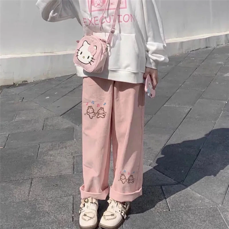 Women\'s Casual Baggy Cartoon Korean Fashion Corduroy Pants Harajuku Streetwear Kawaii Pink High Waist Leg Sweat Trousers Female