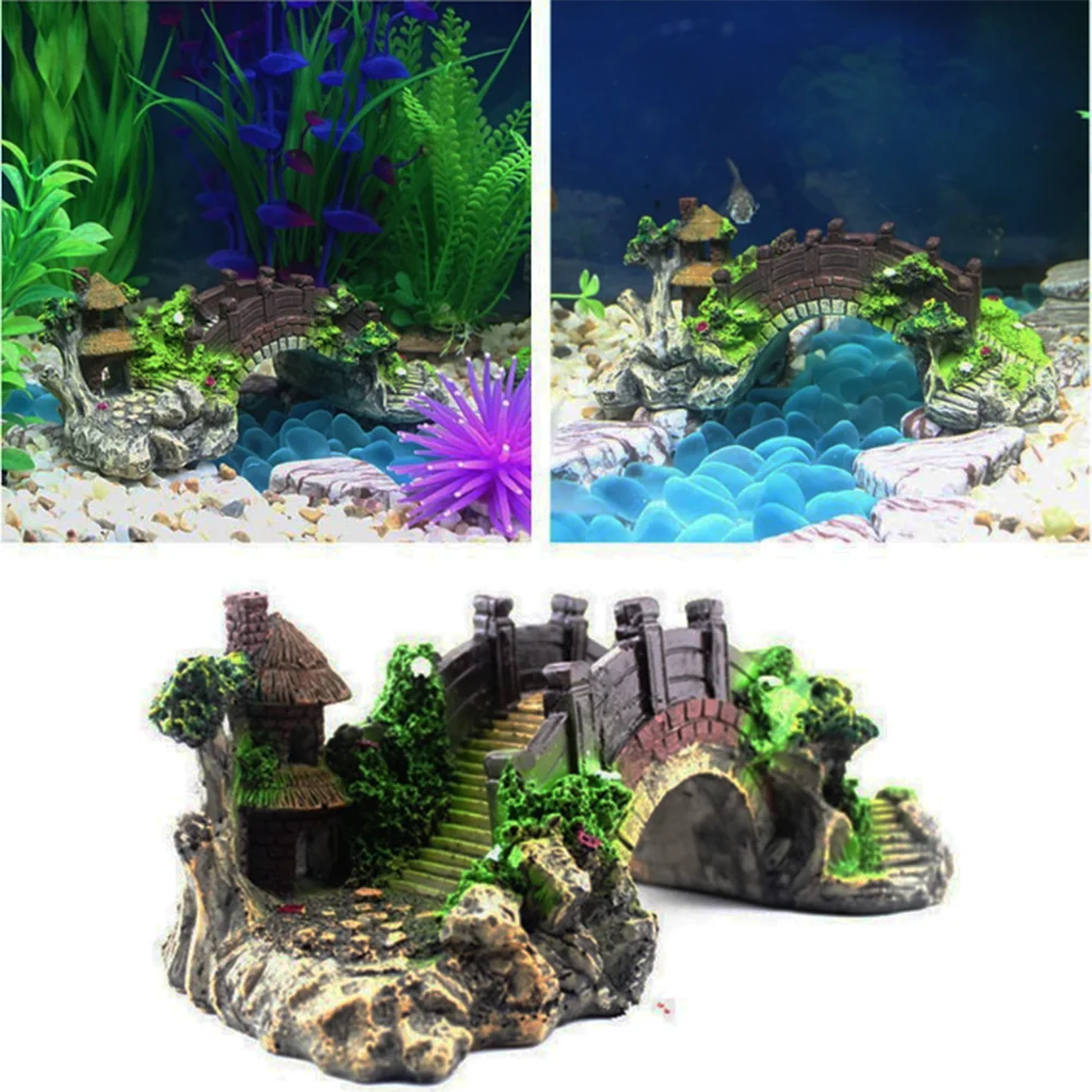 Vintage Fish Tank Decor Bridge Landscape Ornaments Pavilion Tree Plants Design Pet Supplies Home Fish Tank Aquarium Decoration