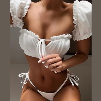 

Peachtan Sexy Ruffle bikini set String bandage swimwear women Pleated high cut swimsuit female Push up bathers bathing suit new
