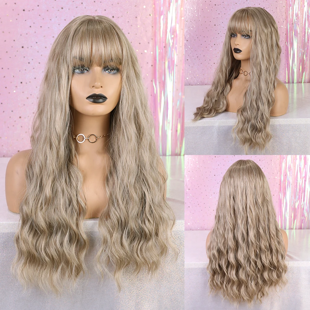Inhaircube Long Curly Blonde Brown Lolita Wigs with Bangs Half Synthetic Hair Piece For Black/White Womens Free Shipping