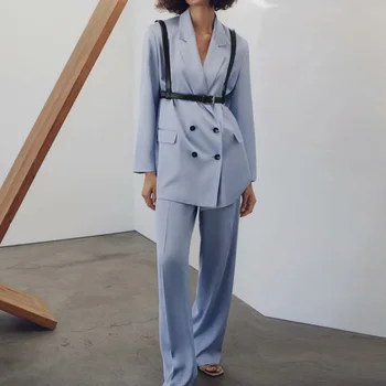 

KUMSVAG 2020 Summer Women Loose Pants Suits 2-piece set Blazers Coat and Elastic waist Wide Leg Pants Female Solid Two-piece Set