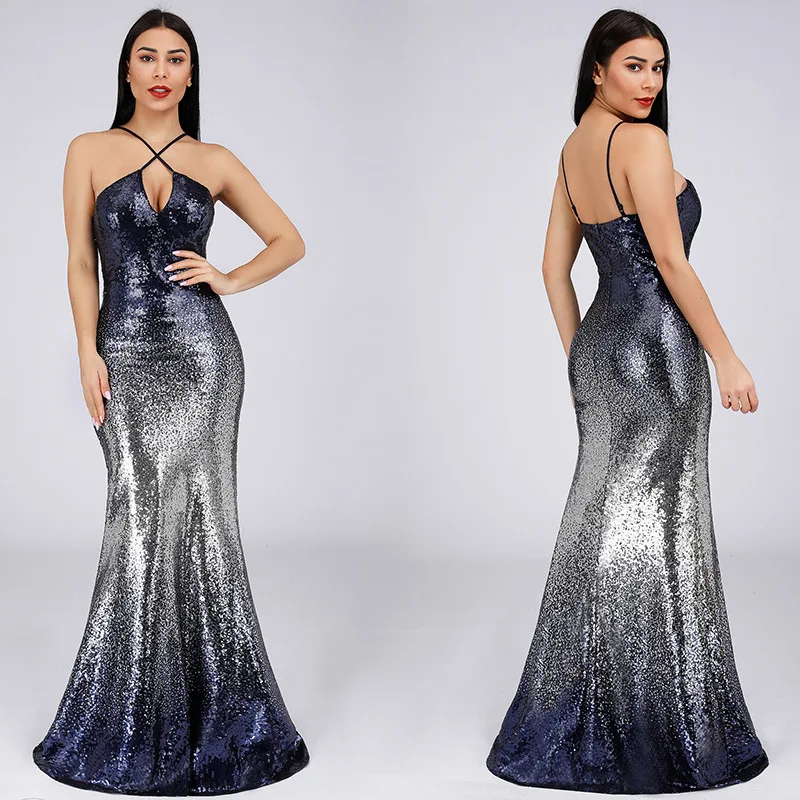 

Sexy Deep V-Neck Evening Dress Halter Sleeveless Backless Long Party Dress With Sequines Shine Sparkle