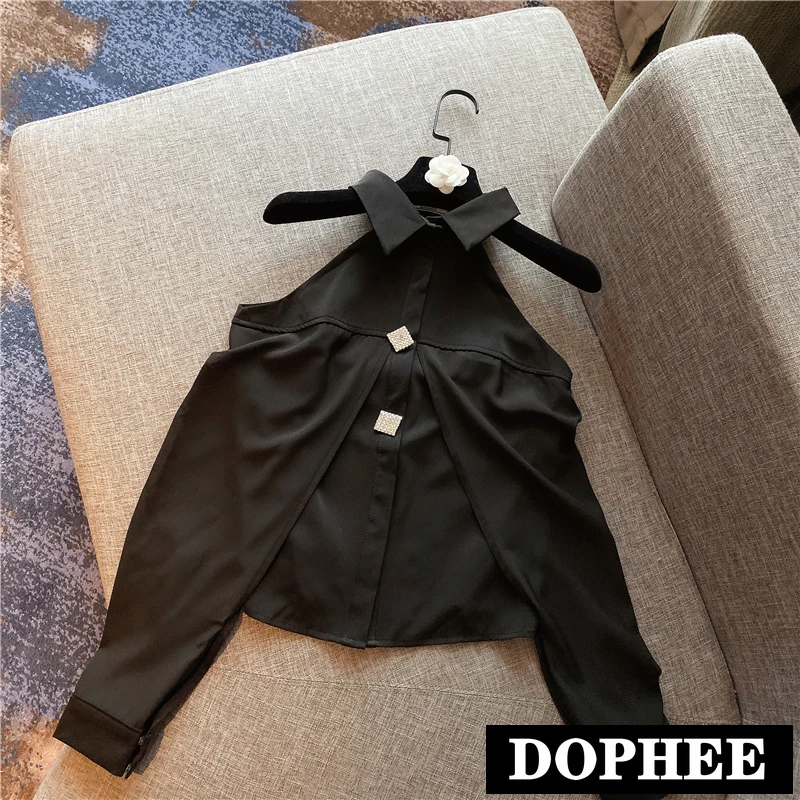 

2020 Spring New Lady's Sexy Off-Shoulder Slimming Rhinestone Buckle Long-sleeved Shirt Women's Strapless Chiffon Blouse Tops