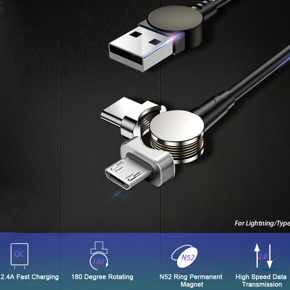 Micro Универсальный Магнитный USB кабель для быстрой зарядки планшетов линия передачи данных для мобильного телефона вращающийся Плетеный адаптер Локоть Тип C 180 градусов