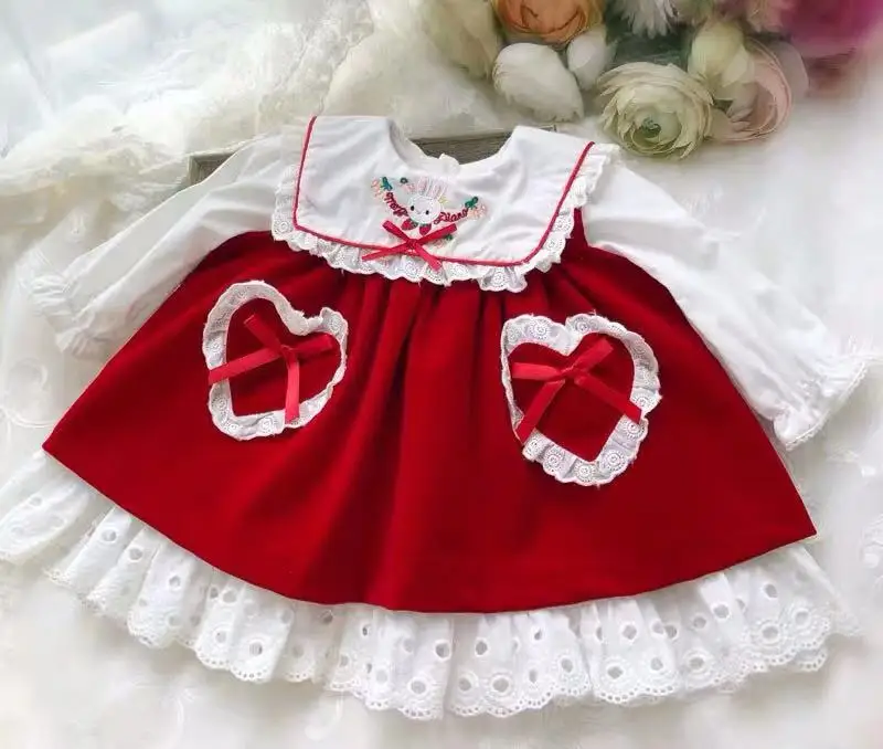 От 0 до 5 лет из 2 предметов, осенне-зимнее винтажное красное бархатное платье-майка для маленьких девочек праздничное платье принцессы в стиле испанской английской куклы для девочек