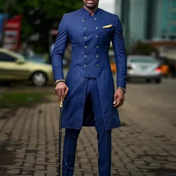 

Leisure Suit Men Plus Size 3XL Solid Blue Elegant Office Double Breasted Mid-Length Long Business Wedding Groom Leisure Suits