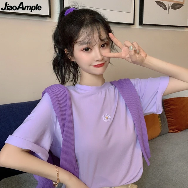 Summer Sweet Daisy Flower Short Sleeve T-shirts 2020 Hot Purple Cozy Cotton Tops Women Casual Joker Clothes Students Girls Cloth 1
