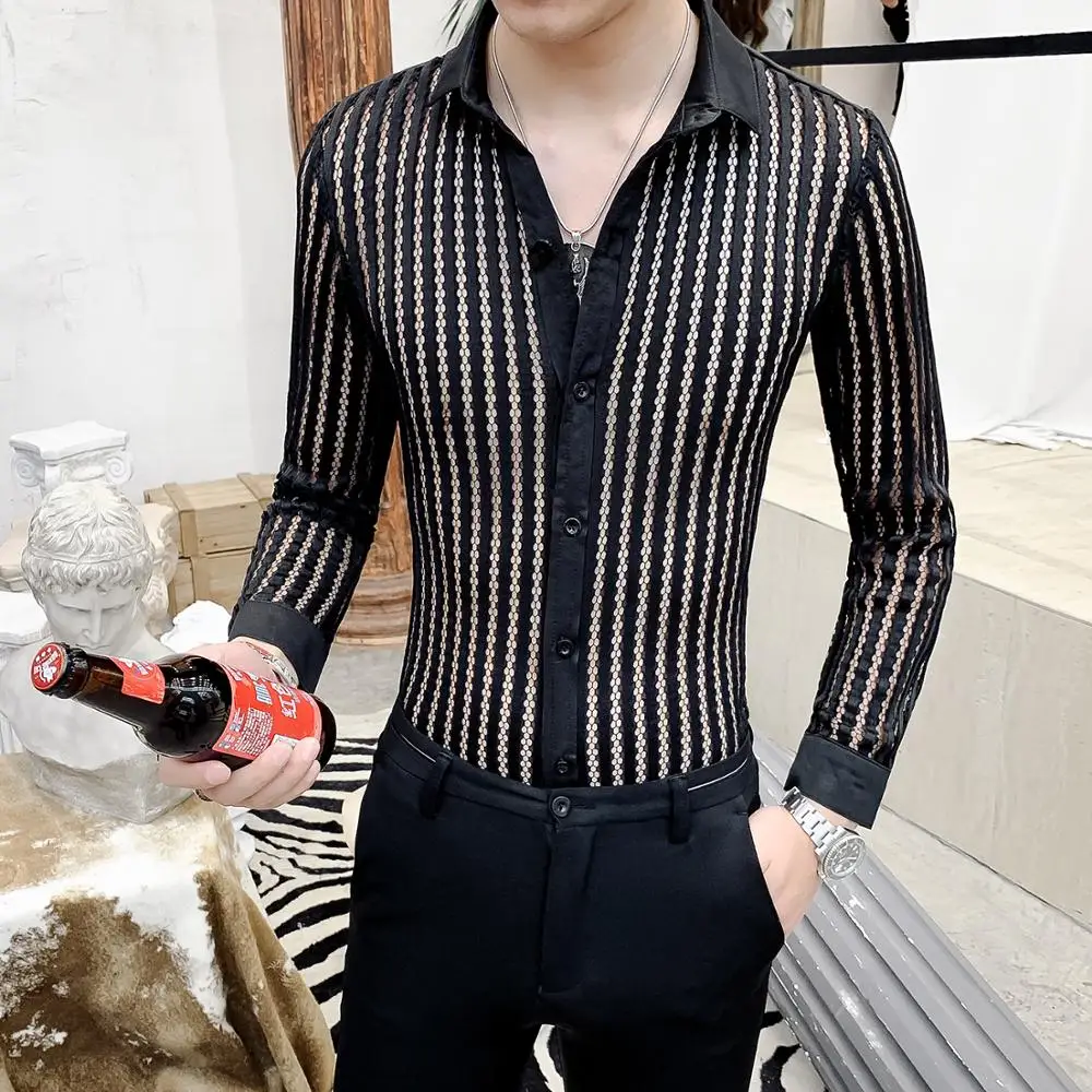 new lace stitching male print long-sleeved shirt Korean Slim sexy nightclub stuffy handsome hair stylist shirt