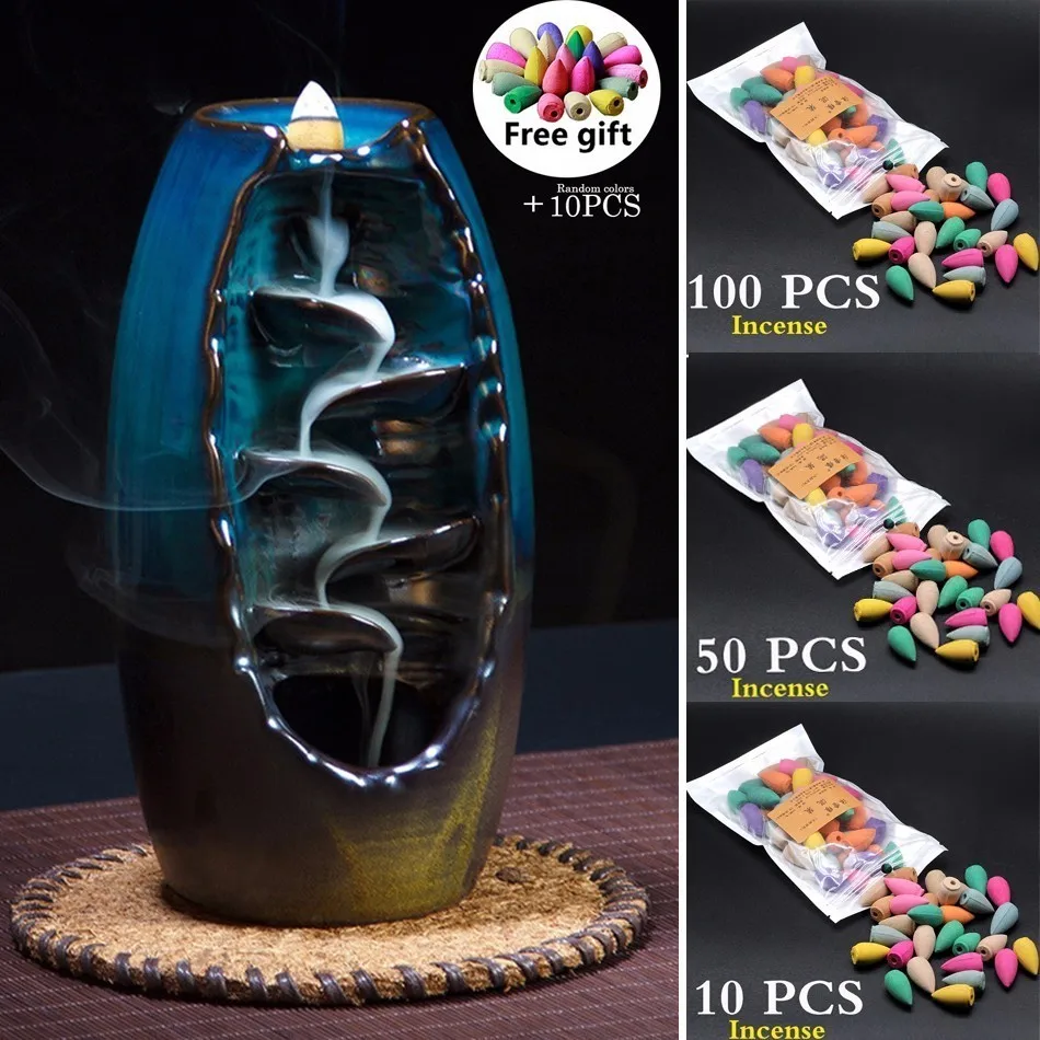 

Ceramic Backflow Incense Burner Waterfall Smoke Censer Cone Holder Home Ornament For Office Teahouse + Free Gift 10pcs Incense